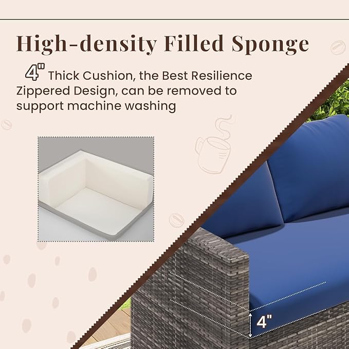 Patio Furniture Set 7 Pieces with Protective Cover, Wicker Rattan Outdoor Sectional Sofa with Dining Table, Chair and Ottoman and Wine Conversation Set for Backyard, Garden, Porch Lounge Use(Gray)