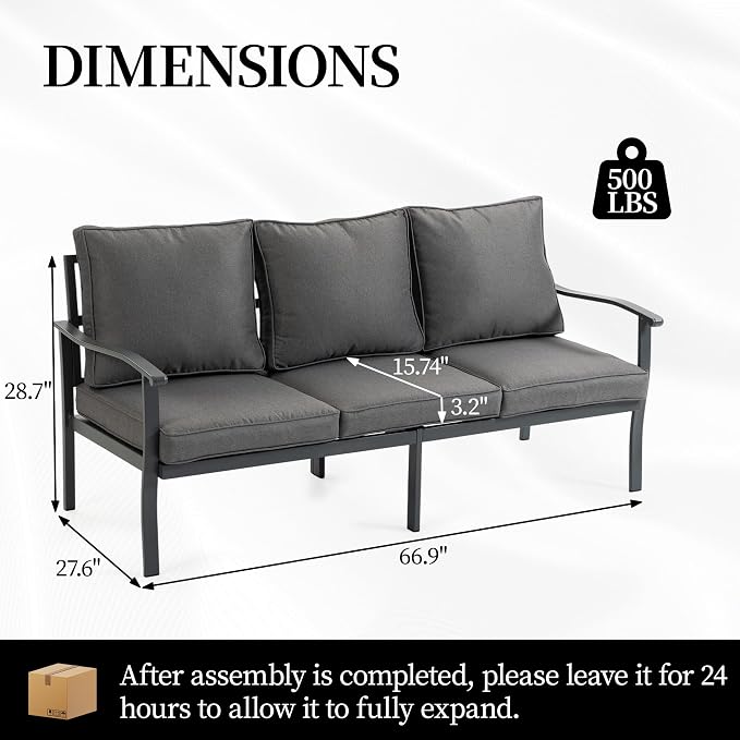 Outdoor Patio Furniture Set, 1 PCS 3-Seat, All-Weather Metal Modern Outside Sofa with Washable Thick Cushion for Garden/Backyard/Porch, Grey