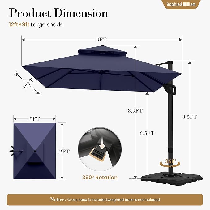 Sophia & William 12ft Cantilever Patio Umbrella with Base, Large Rectangular Umbrellas with 360-degree Rotation, Aluminum Pole for Garden Pool Backyard, Navy Blue