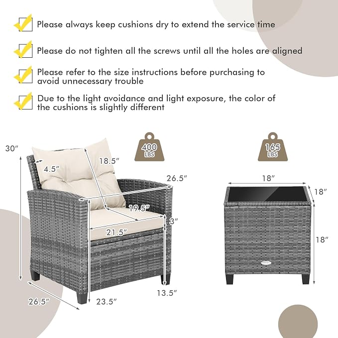 COSTWAY 3PCS Patio Furniture Set, PE Rattan Wicker Sofa w/Washable Cushion and Coffee Table, Tempered Glass Tabletop, Outdoor Conversation Set for Balcony, Porch, Yard, Backyard, Lawn (White)