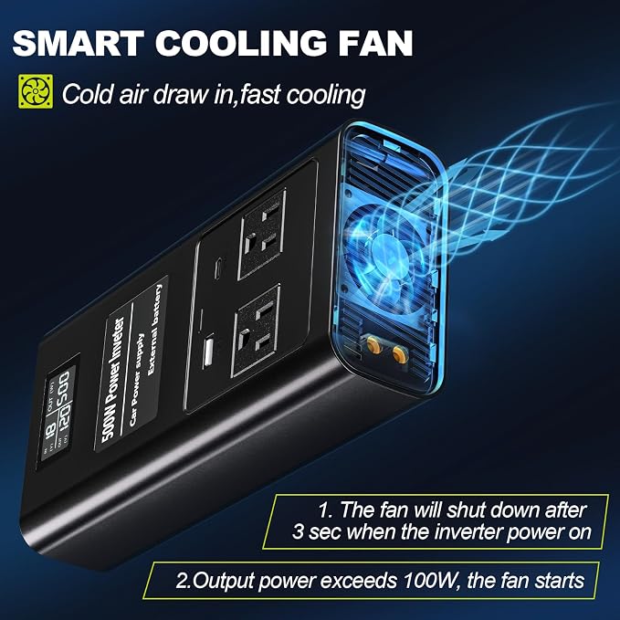 Pure Sine Wave Inverter Compatible with Ryobi 18V Battery, 2 in 1 500W 2 Port Power Inverter Battery Charger Generator DC 20V to AC* 2 Outlets, 120V Car Charger Plug, USB&Type-C (Tool Only)