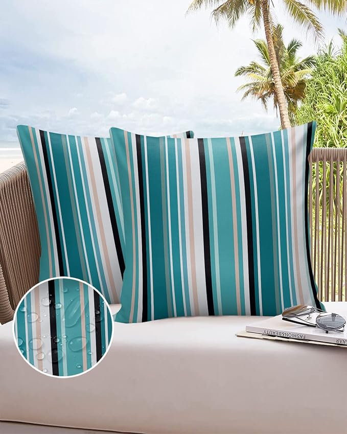 Outdoor Waterproof Pillow Covers for Patio Furniture Simple Stripe Decorative Throw Pillow Cover Geometric Pattern Pillowcases Set of 2 Cushion Case for Sofa Couch Chair Home Decor 16x16 inch