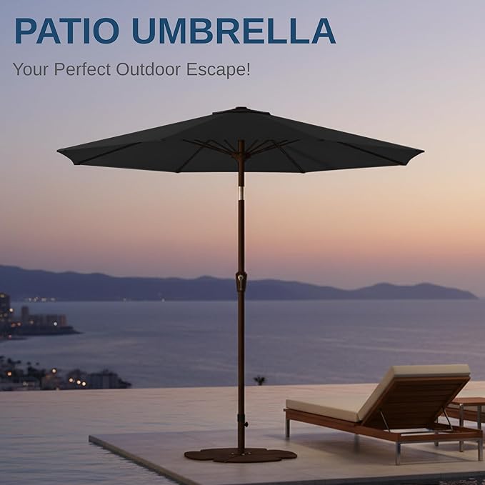 9ft Patio Umbrella with Push Button Tilt and Crank,Outdoor Market Table Umbrella UV Protection 8 Sturdy Ribs for Backyard,Garden,Pool,Deck(Black)