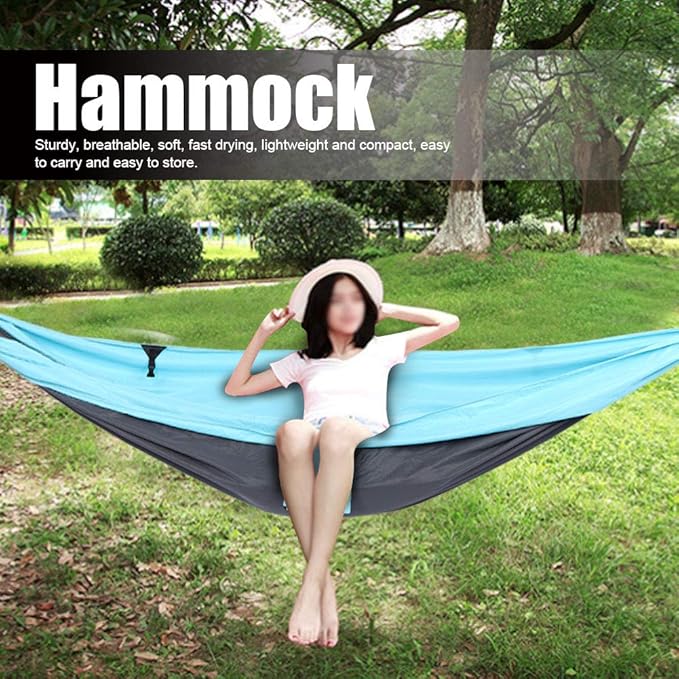 Hanging Chair Bed Dual Use Portable Hammock, Camping Hammock with Steel Buckles and Tree Straps, Sturdy Breathable 300T Polyester Outdoor Swing for Courtyard Corridor (Blue Gray)