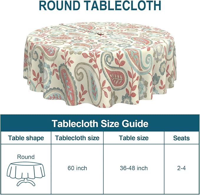 DYTXIII Outdoor Round Tablecloth with Umbrella Hole 60 Inch, Water Repellent & Fade Resistant Table Cover, All Weather Outdoor Tablecloth for Garden & Party Table, Paisley Vintage