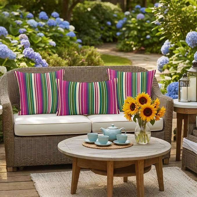 Outdoor Waterproof Throw Pillow Covers Set of 2 Pink Striped Lumbar Pillowcases 20x12 Inches Geometric Green Stripes Decorative Pillows Cushion Case Patio Pillows for Couch Bed Chair Garden