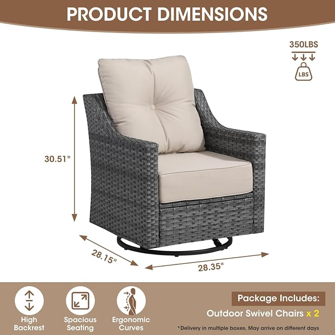 2-Piece Outdoor Patio Furniture Set, Grey Wicker Conversation Set with 2 Swivel Chairs, 6-Inch Beige Olefin Cushions for Porch, Deck, Balcony