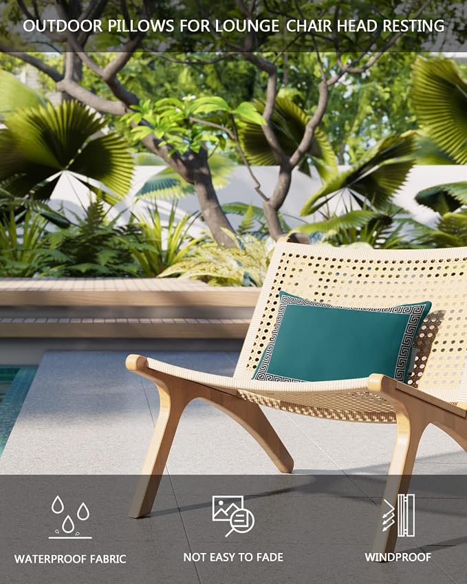 Outdoor Pillows Covers with Inserts Chinese Style Pattern Turquoise Teal Waterproof Pillow with Adjustable Strap Throw Pillows for Patio Furniture Recliner Lounge Chair, 11x16 inch, 1PCS