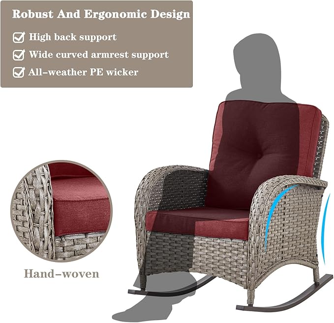 Belord Patio Rocking Chairs Wicker Set - Outdoor Rocking Chairs Set of 2 with Side Table, 3 Piece Patio Rocker Furniture Set with Water-Resistant Cushions for Balcony Porch Backyard