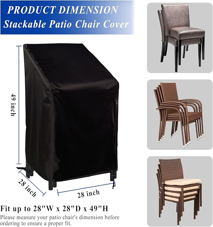 Zipper Stacking Chair Cover 420D, Quick Installation Patio Chair Cover, Outdoor Patio Furniture Covers for Stacked Chairs, Outdoor Lawn Dining Chair Covers with Zipper 2 Pack