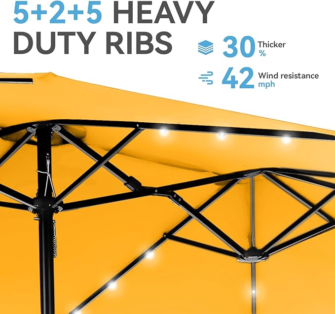 GREEN PARTY 15 ft Large Outdoor Patio Umbrella with Solar Led Lights & Base Included, Double-Sided Rectangular Table Umbrella with Stand, Market Umbrellas for Deck Poolside Garden Backyard, Gold Yellow
