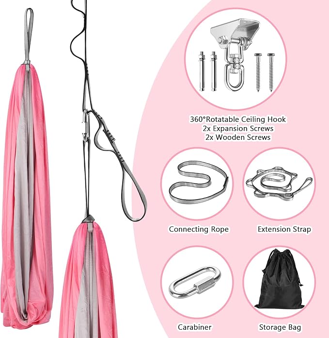Yoga Swing for Kids Hammock Children Hangin Indoor Outdoor Autism Aspergers,ADHD Kids Hangin Therapy Swing 90inch x 59inch (Hardware Included) Pink and Gray