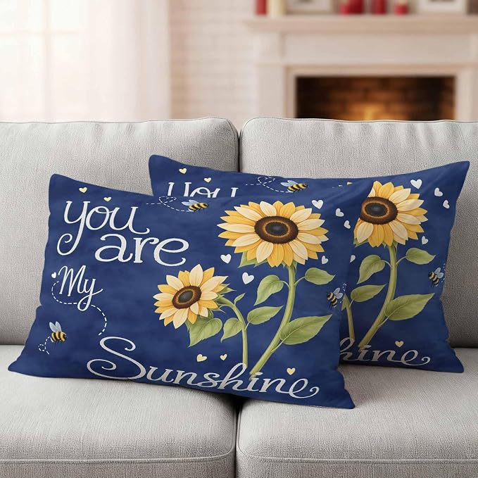 Outdoor Pillow Covers You are My Sunshine Words Decorative Throw Pillow Covers, Farm Sunflowers Bee on Blue Throw Cushion Case with Zipper for Patio,Couch,Sofa,Garden 20x12in Set of 2