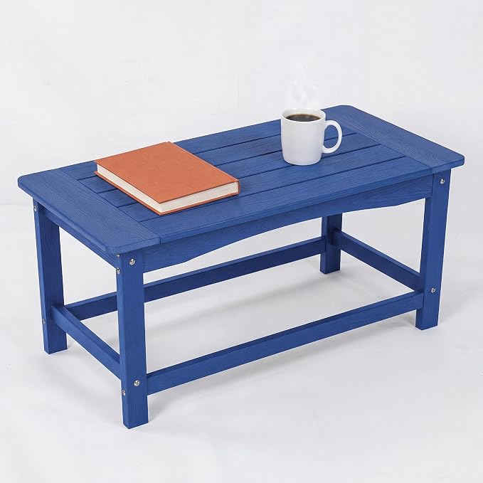 Blue Outdoor Coffee Table for Patio 35.4 x 17.5 x 16.1 Poly Lumber | 250 lb All-Weather HIPS Rectangle Patio Coffee Table, Stainless Steel Hardware, 1-Year Warranty for Deck Porch Poolside