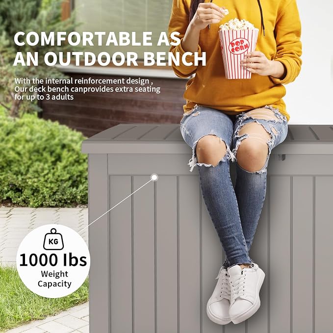 230 Gallon Waterproof Outdoor Resin Deck Box with Lockable Lid,Minimalist Wood Grain Pattern, Easy Assembly Features and Convenient Handles For Cushion, Pillows and other Patio Furniture(Grey)