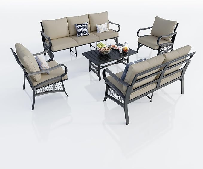 5 Pieces Patio Conversation Sets, All Weather Metal Outdoor Furniture Set with Sectional Sofa Loveseat Couch for Backyard Garden Deck Porch Poolside (Beige Cushions)