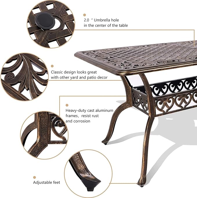 TITIMO 7-Piece Cast Aluminum Patio Dining Set, Outdoor Dining Furniture Patio Conversation Set, Rectangular Table w/Umbrella Hole for Backyard Deck Poolside (Red-Fixed Elizabeth Chair, 7 Pcs)