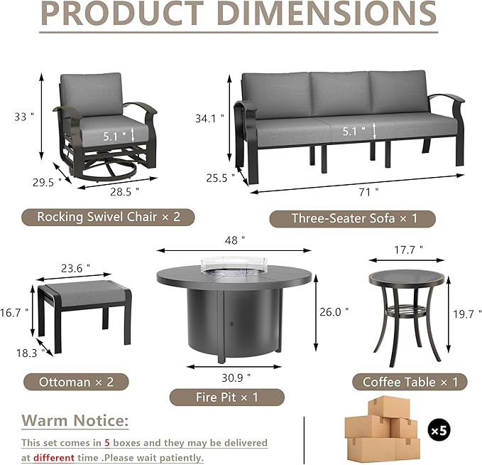 ALAULM Aluminum Patio Furniture Set with Round Propane Fire Pit Table 7-seat Metal Outdoor Furniture w/Swivel Chairs & 2 Ottomans Patio Sectional Sofas for Patio, Lawn, Poolside（Grey