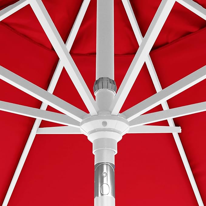 California Umbrella 12-Year-Non-Fading, 9Ft Premium Sunbrella Patio Umbrella, Hand-Crank, Button-Tilt, White Frame, Jockey Red Fabric