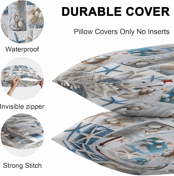 Summer Coastal Grid Outdoor Pillow Covers Set of 2, Ocean Starfish Lighthouse Pearl Decorative Waterproof Throw Pillowcase Nautical Cotton Linen Soft Cozy Cushion Cover Pillowsham 20x20In
