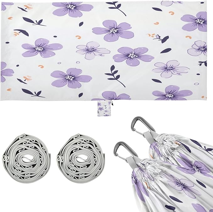 Qilmy Purple Flower Camping Hammock Single – 330 lbs Capacity, Lightweight with Tree Straps & Carabiners, Portable for Hiking, Travel, Backpacking