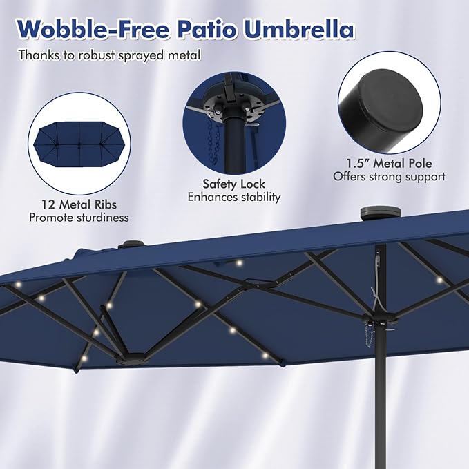 HAPPYGRILL Double-Sided Patio Umbrella with Solar Lights, 13FT Large Umbrella with Base Included, Crank Handle, Market Twin Table Umbrella for Outdoor Backyard Garden Poolside