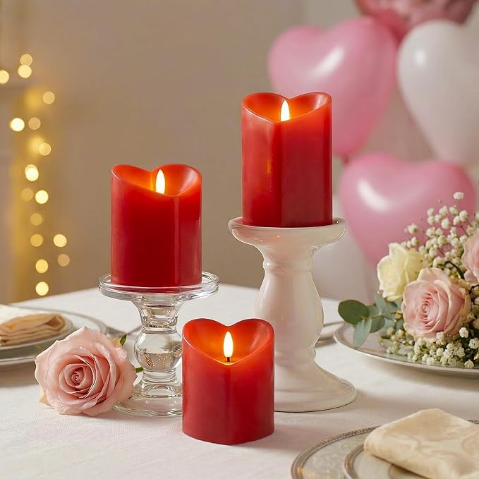 Valentines Day Flameless Candles with Remote, Heart Shaped Candles Battery Operated 3 Pack Red LED Pillar Candles for Wedding Proposal Anniversary Romantic Night