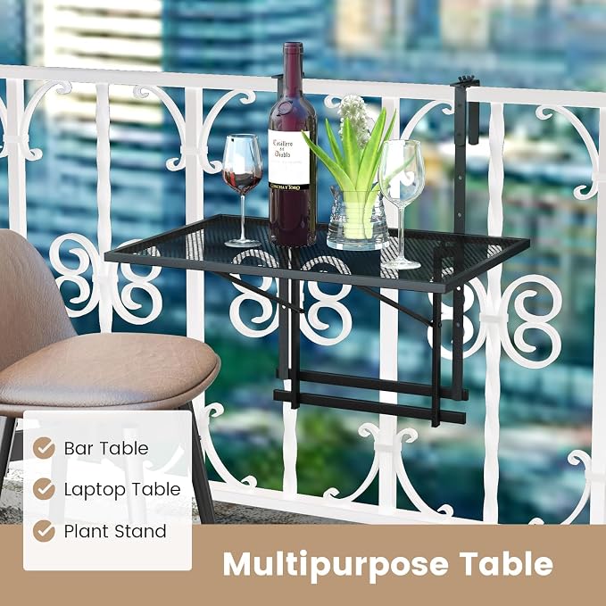 Giantex Outdoor Folding Hanging Table with 5-Level Height, Anti-Rust Coated, Suits for 1.4” -4” Railings, Space-Saving Balcony Side Railing Table for Indoors Outdoors