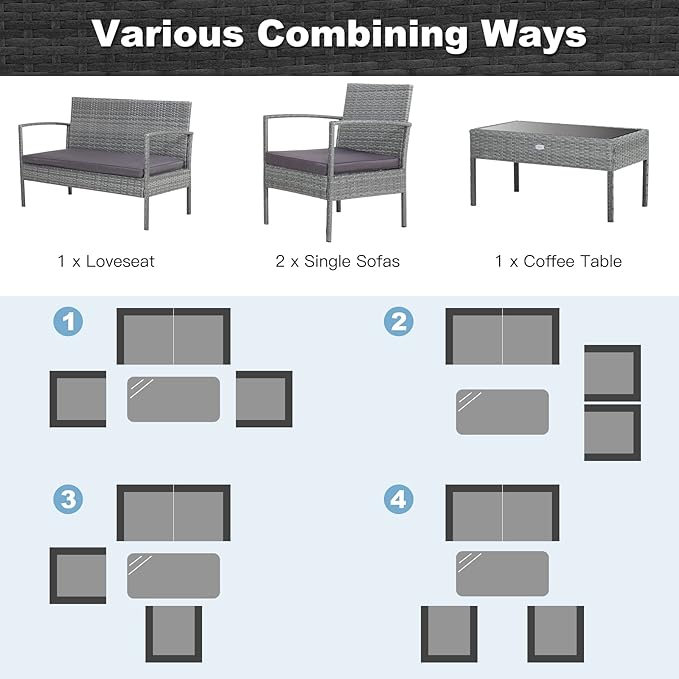 Tangkula 4 Piece Patio Furniture Set, Patiojoy Outdoor Wicker Conversation with Soft Cushion, Glass Tabletop, Solid Steel Frame, Sectional Sofa for Backyard, Poolside, Balcony