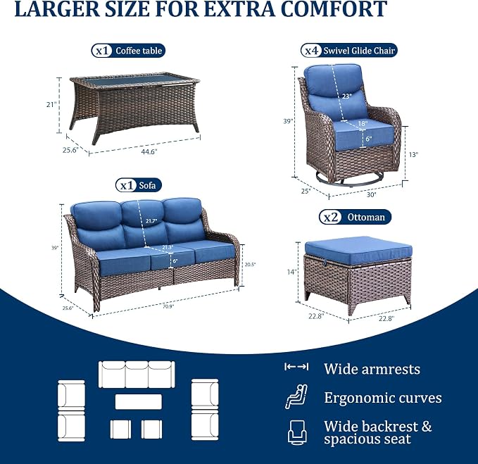 Luxury Swivel Rocker Chair Sofa Set with 6" Thick Cushions,8-Piece Wicker Patio Chair with Coffee Table and Ottoman,Outdoor Comfortable High Back Chair Patio Furniture Set - Brown | Blue