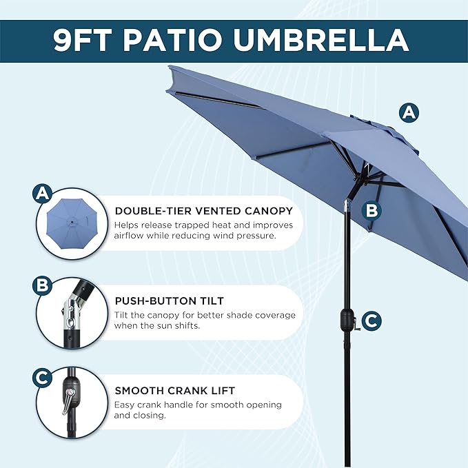 9FT Outdoor Patio Umbrella with Push Button Tilt and Crank, Market Umbrella, 8 Heavy-Duty Ribs, Outdoor Table Umbrella for Garden, Deck, Poolside & Backyard