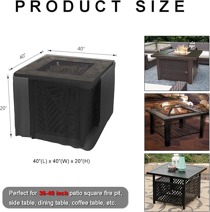 WOMACO Heavy Duty Square Patio Fire Pit/Table Cover, Waterproof Outdoor Furniture Cover (40" x 40" x 20", Black)