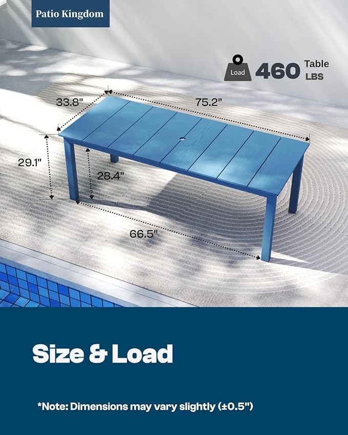 9-Piece Outdoor Dining Set for 8, 75.2" HDPE Table with Umbrella Hole & 8 Chairs, All-Weather Patio Furniture for Lawn, Yard, Deck, or Poolside, Fade & Crack Resistant (Navy Blue)