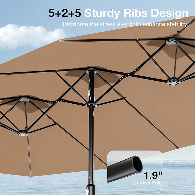 Joyside 15FT Large Patio Umbrella, Outdoor Double Sided Umbrella, Rectangle Umbrella with Crank Handle, 12 Sturdy Ribs for Deck, Porch and Pool