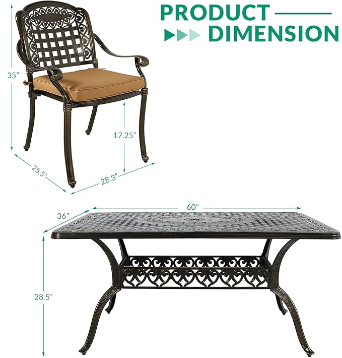 VIVIJASON 7-Piece Patio Furniture Dining Set, All-Weather Cast Aluminum Outdoor Conversation Set, Include 6 Cushioned Chairs and a Rectangle Table with Umbrella Hole for Balcony Lawn Garden Backyard