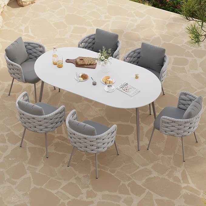 LOVEDIMA 70.9'' Patio Table and Chairs Set,7 Pieces Patio Furniture Set Outdoor Sintered Stone Top Dining Table Set with Rope Woven Armchairs for 6,Gray & White