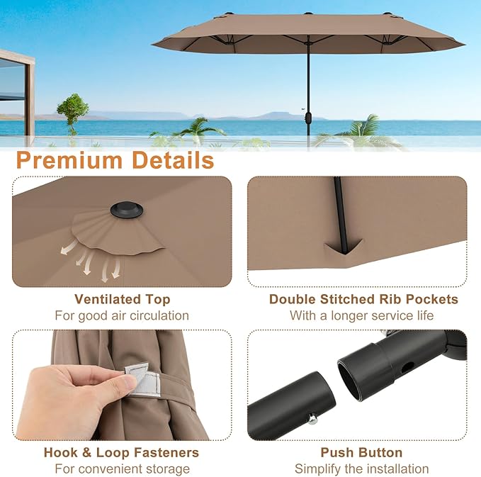 Giantex Patio Umbrella with Base, Double-Sided Outdoor Umbrella with Crank Handle, Umbrella Base Stand with 2 Sandbags, 12 Metal Ribs, Market Umbrellas for Garden Poolside Deck