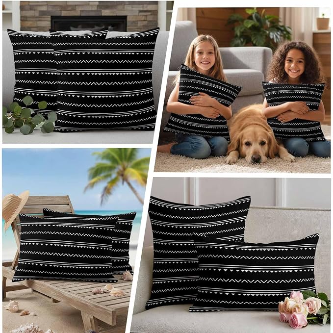 Black Boho Outdoor Waterproof Throw Pillow Covers Set of 2, 26"x26", Geometric Stripes Triangle Decorative Pillow Covers Outside Cushion Case for Patio Porch Garden