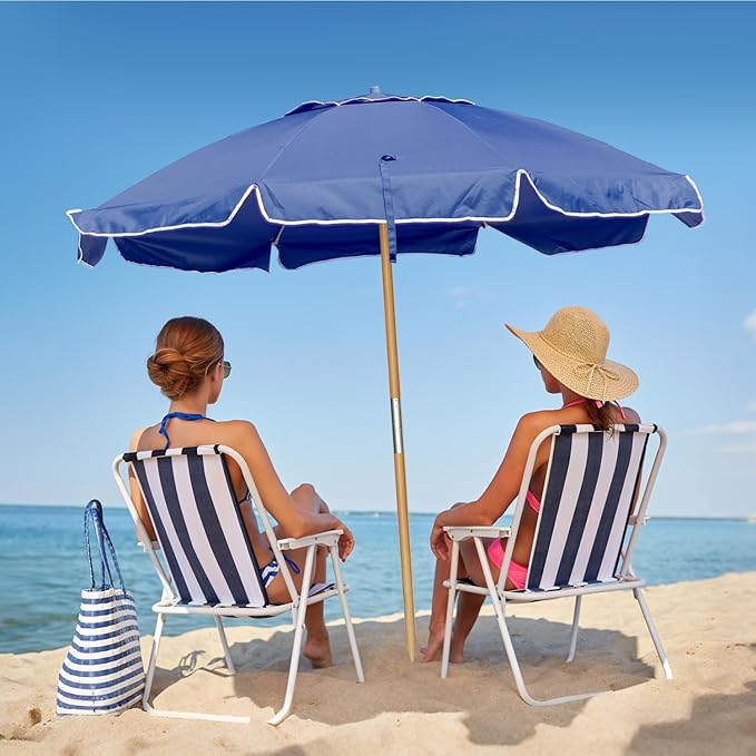 AMMSUN 7.5ft Heavy Duty HIGH Wind Beach Umbrella Commercial Grade Patio Beach Umbrella with Air Vent Ash Wood Pole & Carry Bag UV 50+ Protection Navy Blue