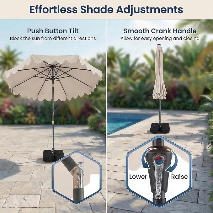 Happygrill 9FT Solar Patio Umbrella, Outdoor Market Table Umbrella with 32 LED Lights, Weighed Base, 2 Sandbags, Tilt & Crank, 8 Ribs, Fabric Canopy Sunshade, Vented Top for Garden Deck Pool Backyard (Beige)