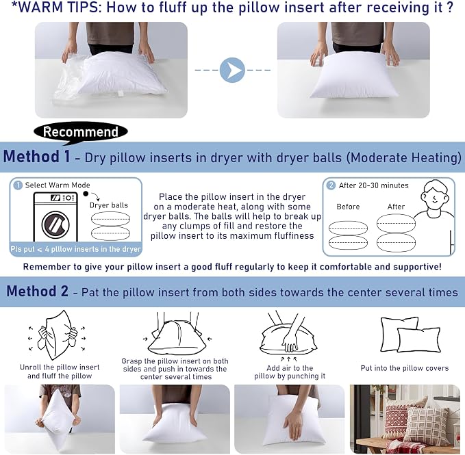 Outdoor Pillows 20x20 Set of 2 Water Resistant Throw Pillow Inserts | Square Waterproof Pillows, Convenient Zipper Design, Fluffy & Supportive, Decorative Pillow for Patio Porch & Couch