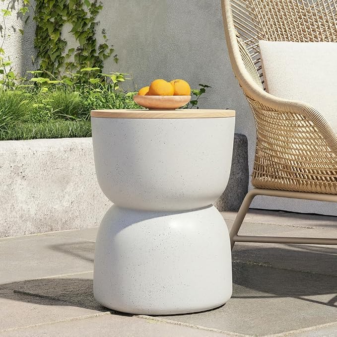 Christopher Knight Home Ema 22"H Lightweight Concrete Outdoor Side Table with Storage, Hourglass Shaped Patio End Table, MGO Outdoor Coffee Table, No Assembly Garden Plant Stand Indoor, White+Natural