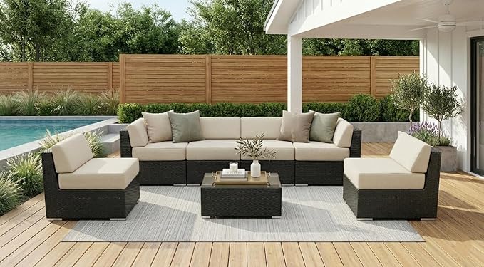 Fully Assembled Ohana 7 Piece Outdoor Patio Conversation Furniture with 6-inch Beige Rainshield Water Proof Cushions and Oversized Seats