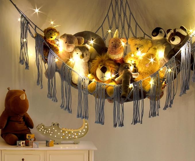 Stuffed Animal Storage Hammock Corner X-Large with LED Light - Baby Hammock Hanging Holder Plushies Net for Stuff Animals Organizer - Cute Room Decor Aesthetic Kids Toddler Nursery Bedroom