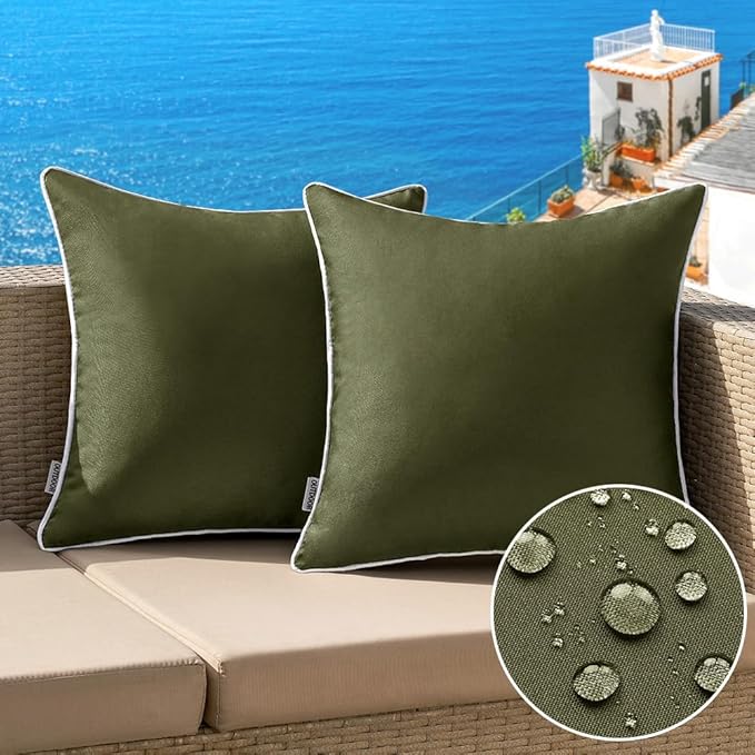 MIULEE Pack of 2 Outdoor Waterproof Pillow Covers Decorative Farmhouse Throw Pillow Covers Square Solid Color Couch Pillow Covers Spring for Patio Tent Bed Sofa Living Room 16x16 Inch Olive Green
