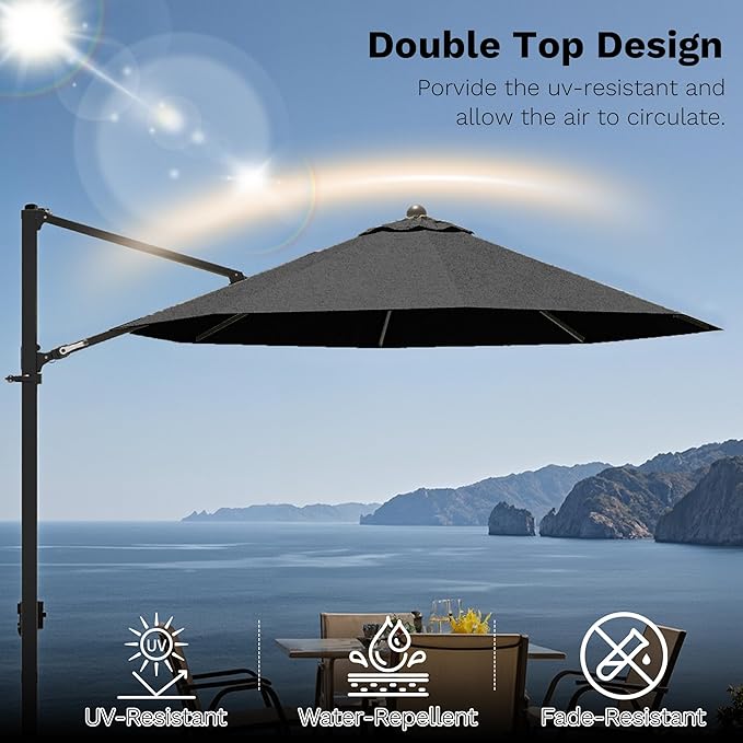 Devoko 10ft Cantilever Patio Umbrella, Round Large Outdoor Umbrella with 360-Degree Rotation, Hanging Offset Market Sun Umbrella, Easy Tilt and Heavy-Duty Frame, for Patio Backyard Garden, Gray