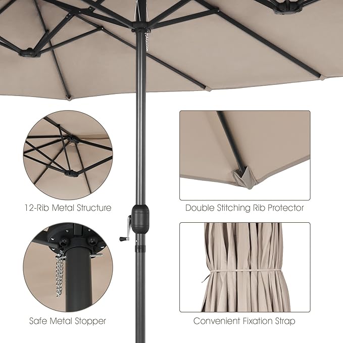Tangkula 15Ft Double-Sided Patio Umbrella, Outdoor Extra Large Umbrella W/Hand-Crank System & Air Vents, Market Twin Umbrella W/ 12-Rib Sturdy Metal Frame for Poolside, Garden Backyard (Beige)