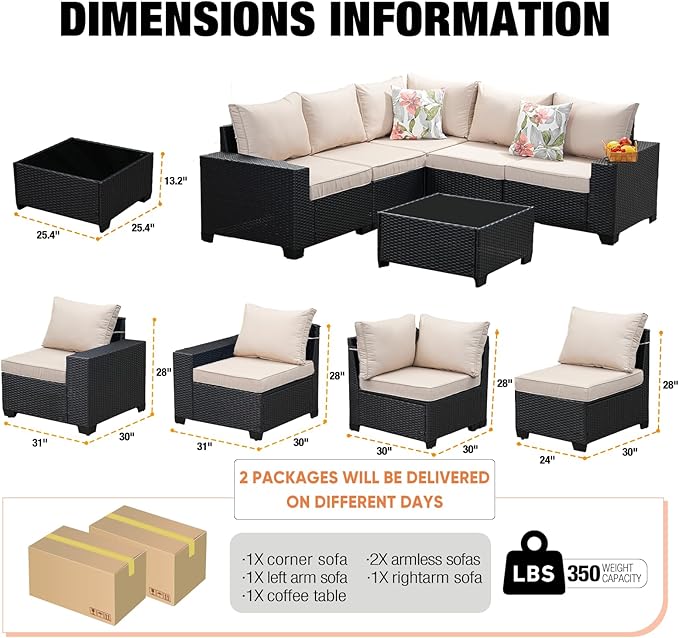 6 Pieces Patio Furniture Set,Wicker PE Rattan Outdoor Sectional with Cushion & Coffee Table, Patio Conversation Sofa for Garden, Backyard, Poolside, Beige