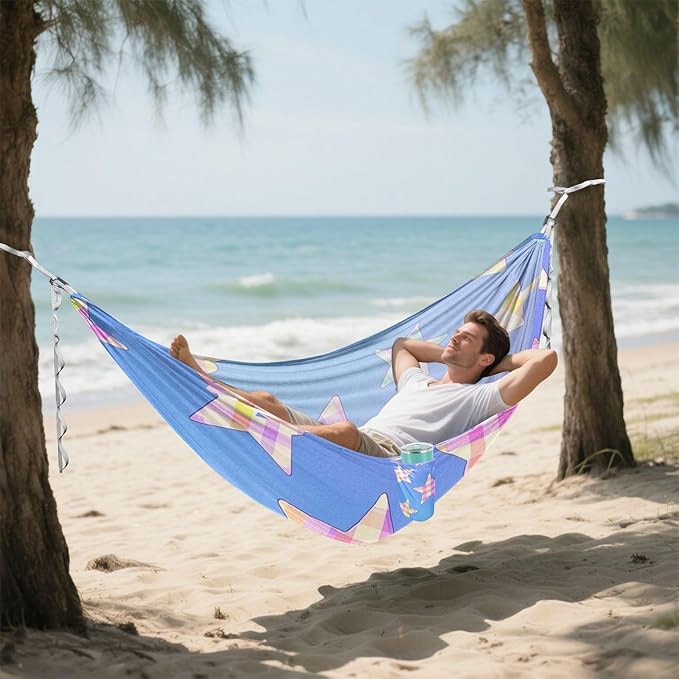 Cartoon Checkered Plaid Star Blue 330lb Capacity Camping Hammock with Tree Straps Portable Hammock for Outside Camping Essentials hamaca de Algodon para Jardin