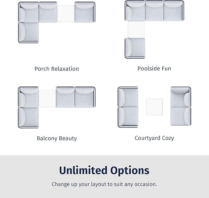 East Oak 5-Piece Montauk Modular Patio Furniture Set, Outdoor Sectional Sofa with Cushion and Glass Coffee Table, Modern Patio Conversation Set for Garden, Backyard and Porch, Grey